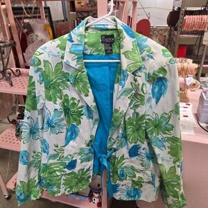NY Collection Floral Blazer 1X Womens Green Blue White Spring Coat